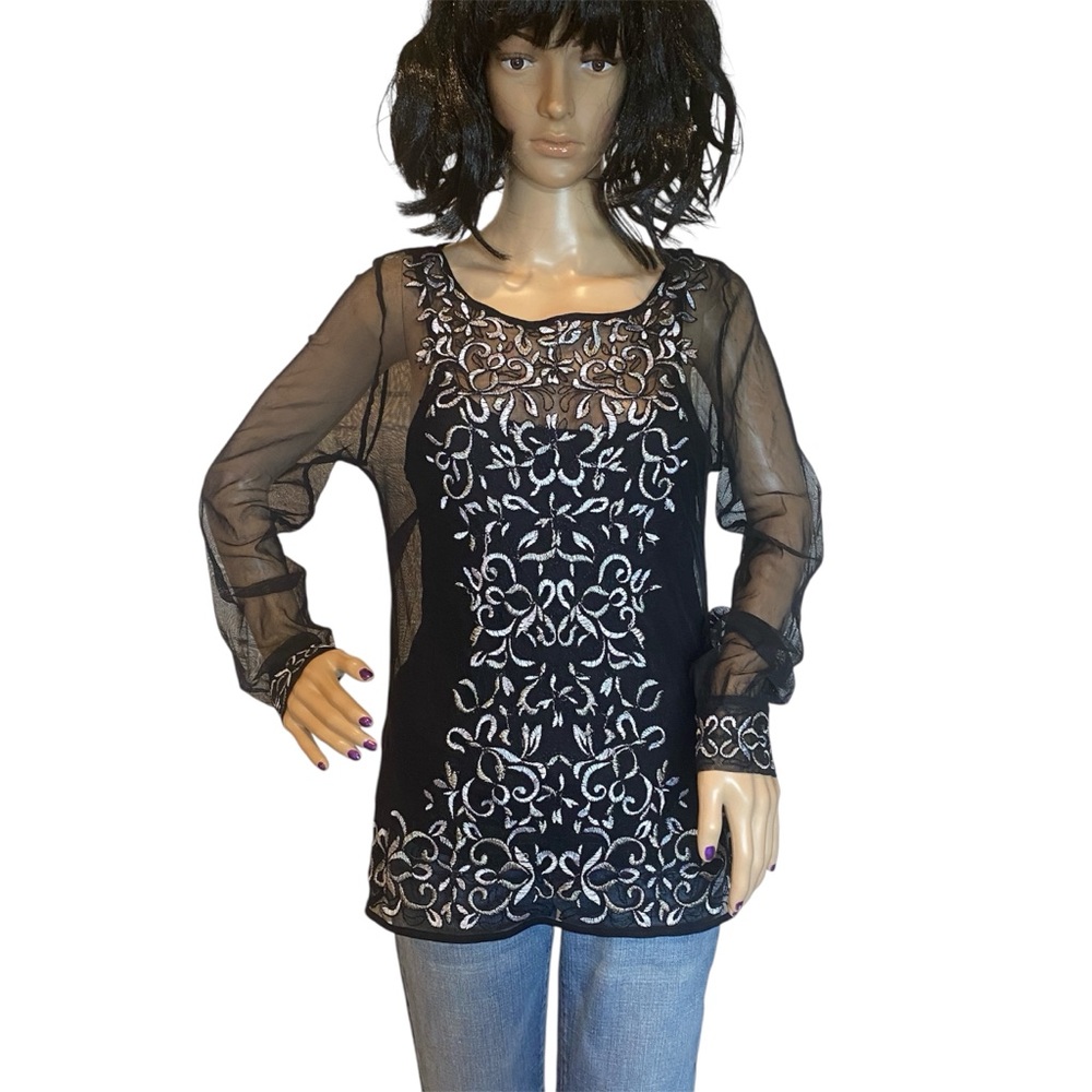 WHBM White House Black Market Sheer Embroidered Mesh Top + Cami Black Sz Medium - Picture 1 of 10